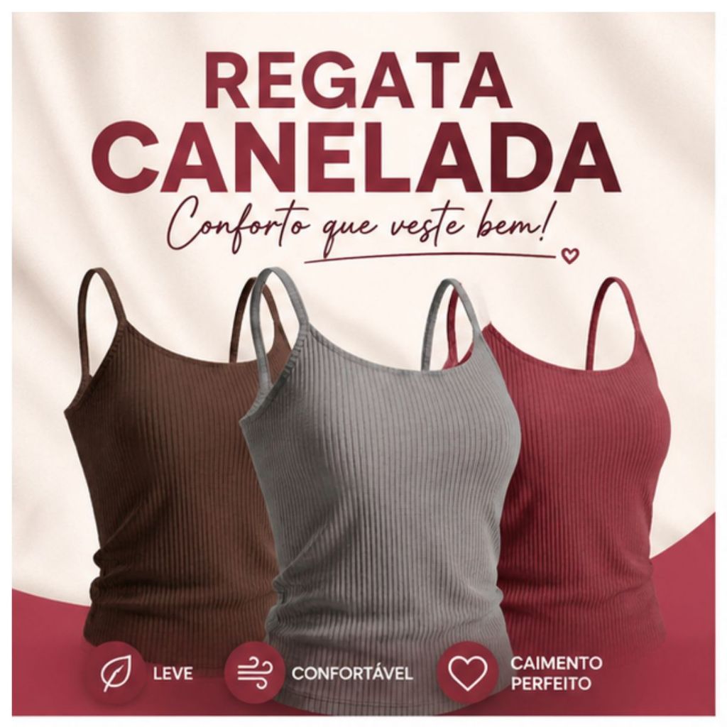 Kit com 3 Regata Feminina de Alcinha com Bojo Canelado Mais Conforto Cores lisas Primavera Verão