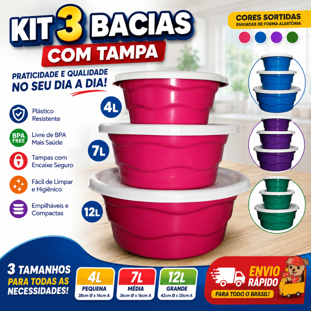 Kit 3 Bacias com Tampa Plástico Reforçado Multiuso Doméstico kit churrasco Grande Média Pequena