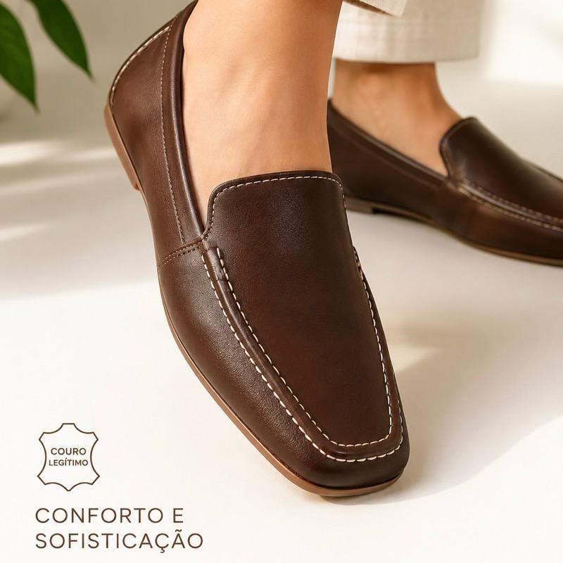 Mocassim Feminino Couro Legítimo Café Casual Confortável Bico Quadrado Costura Aparente