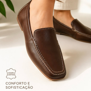 Mocassim Feminino Couro Legítimo Café Casual Confortável Bico Quadrado Costura Aparente
