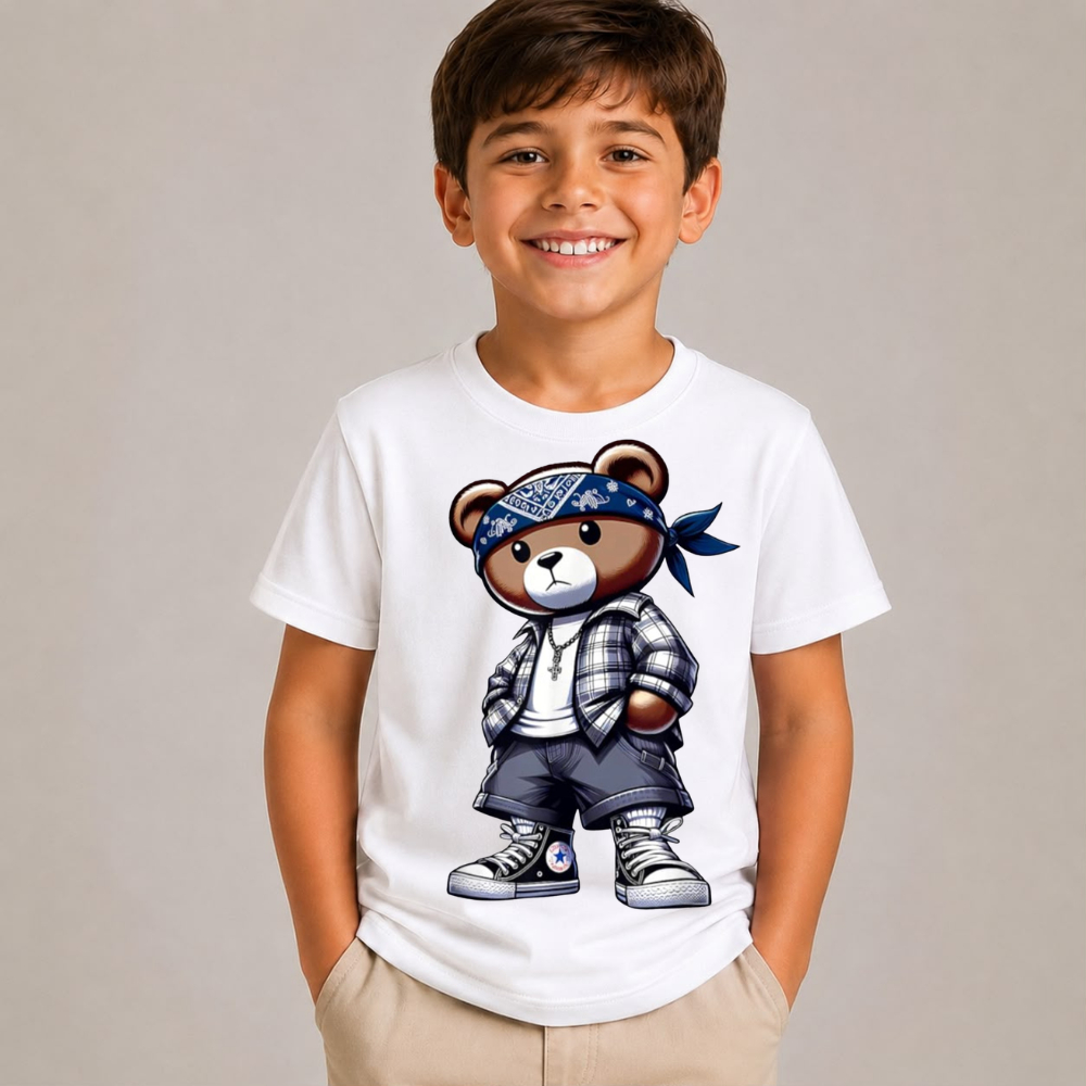 Camiseta Infantil 100% Algodão Premium Estampada Ursinho de bandana Descolado Street Moda Para Meninos Confortável
