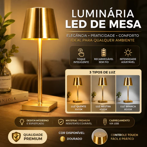 Luminária de Mesa LED com Toque, Sem Fio, Dimerizável, Ideal para Leitura e Decoração