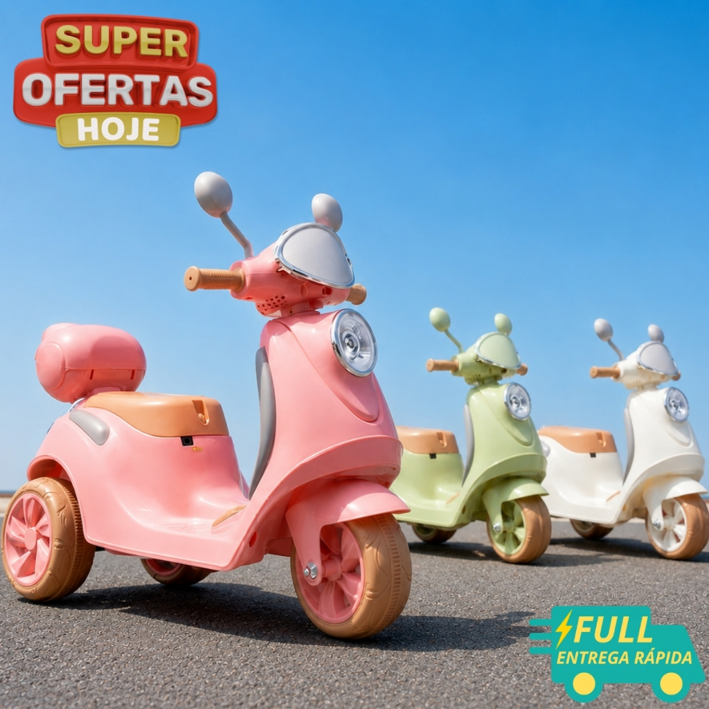 Mini Scooter Motinha Elétrica Triciclo Infantil Moto Vespa 6V Bege Rosa Verde Scooter Bella T3 6V