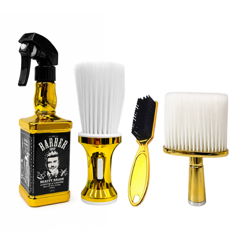 Kit Dourado Borrifador + 2 Espanadores + Escovinha Barbeiro