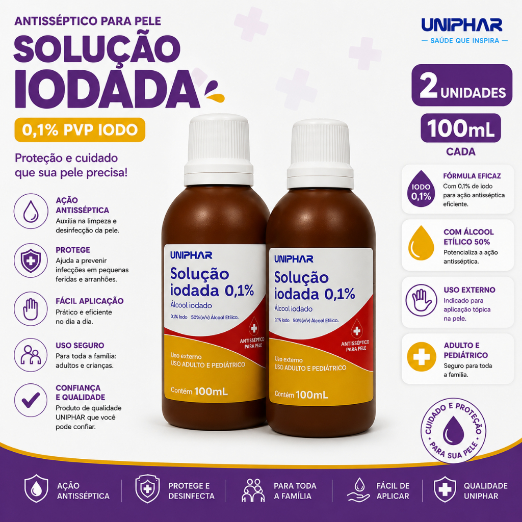 Kit 2 Solução Iodada 0,1% 100ml Uniphar Antisséptico Para Pele Uso Externo