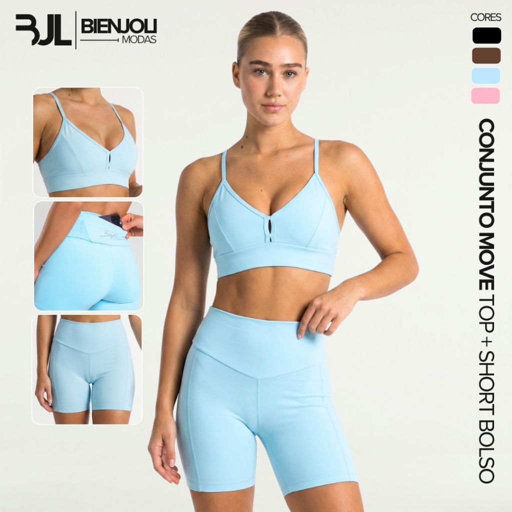 Conjunto Top e Short Fitness com Bolso Zero Transparência Feminino Decote Academia Corrida Esportivo