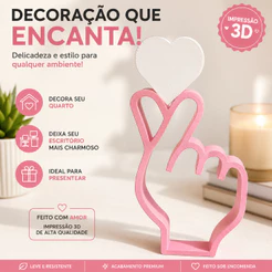 Placa Decorativa Mão Coração Kawaii Rosa e Branco | Decoração para Quarto, Escritório e Mesa | Impressão 3D