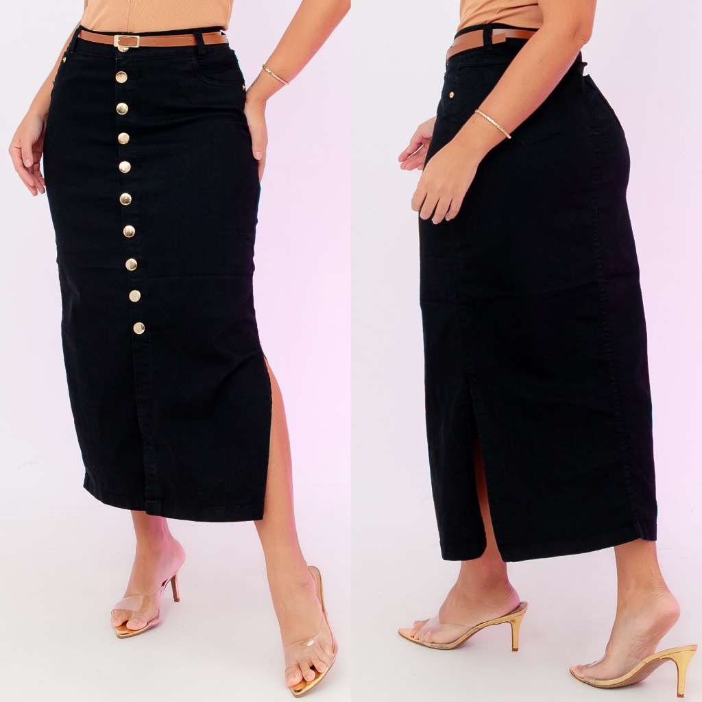Saia Longa com Botões Moda Evangélica Tendêcia com Lycra Strech Com Fenda Lateral do Dois Lados