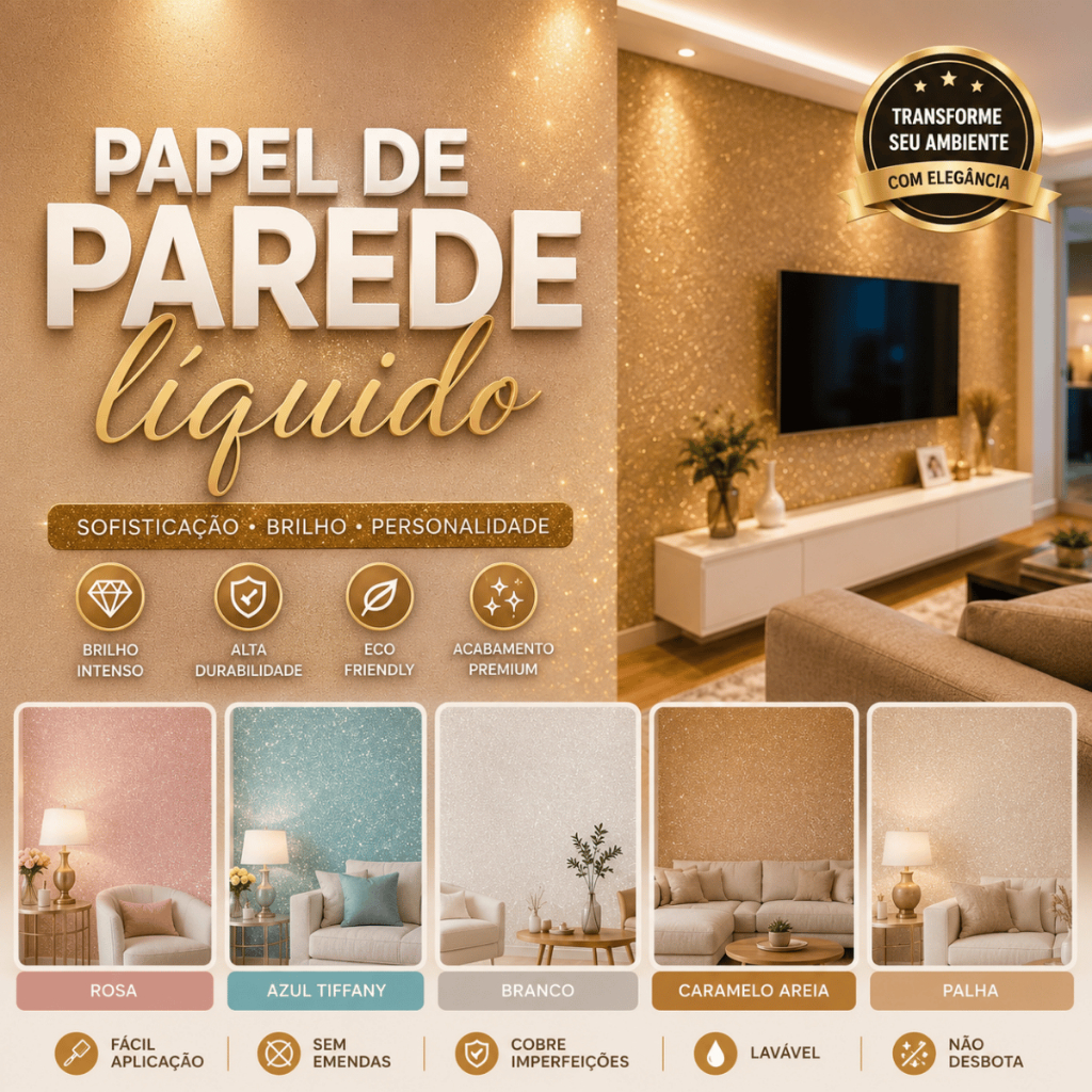 Papel de Parede Líquido Premium Com Dourado Euro Decoração Para Quarto Sala Diversas Cores