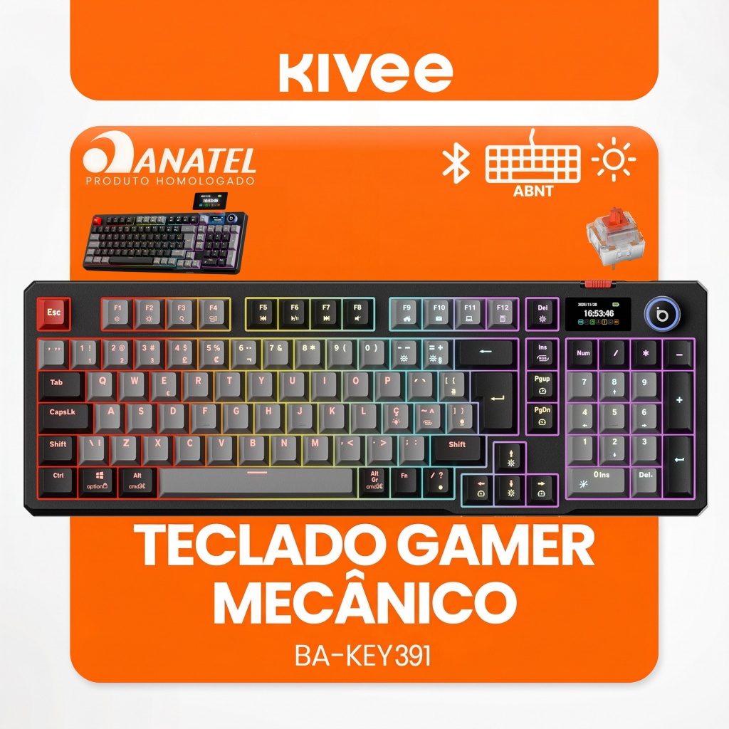 Kivee X Basike Mechanical Keyboard Triple Mode Switch Vermelho With digital Dis