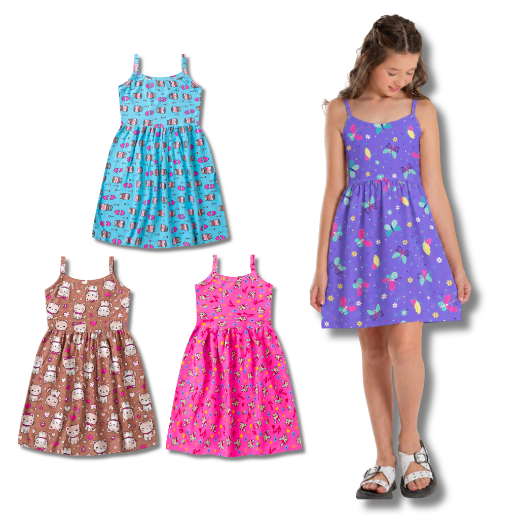 Kit 3 Vestidos Infantil Feminino de Alça Estampados Sortidos para Meninas – Tamanhos 1 ao 14