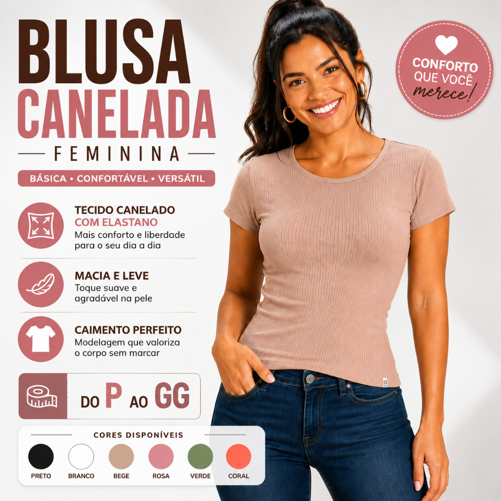 Blusa Básica Feminina Ribana Canelada Premium Elastano Gola Redonda Casual Elegante Verão 25620-C2