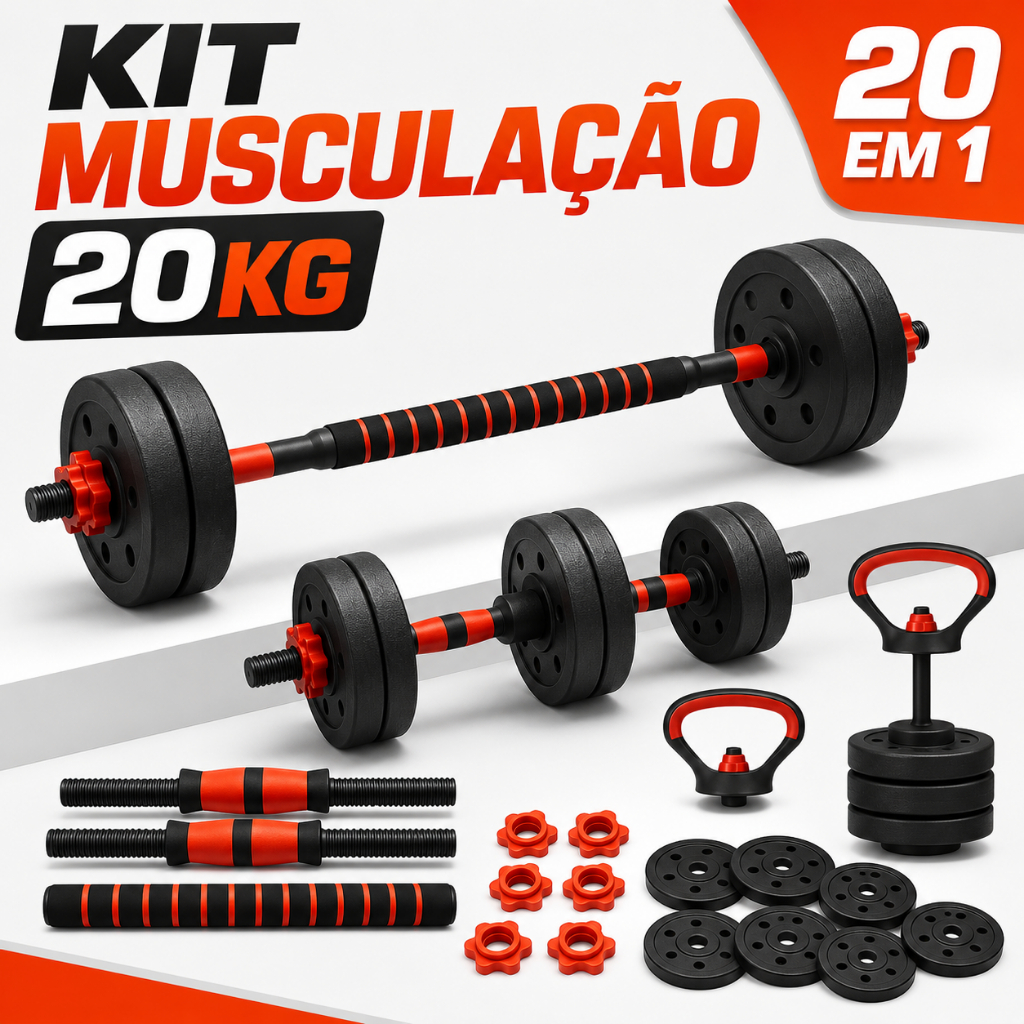 Kit Treino Funcional Musculação 20kg Kettlebell Barra Halteres