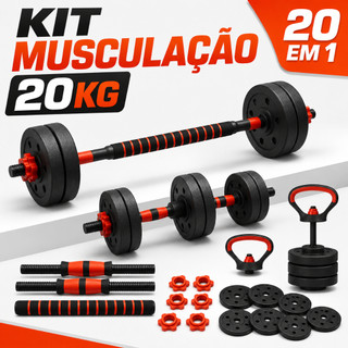 Kit Treino Funcional Musculação 20kg Kettlebell Barra Halteres Anilhas Supino Peso Ajustá…