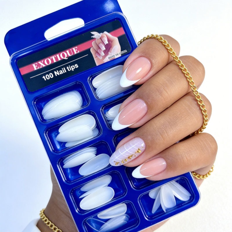 Kit 100 Unhas Postiça Almond Bailarina Realista Transparente Leitosa