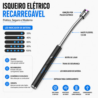 Acendedor de Fogão Elétrico Recarregável USB – Tecnol por Arco - (Cores Sortidas) - CF-136