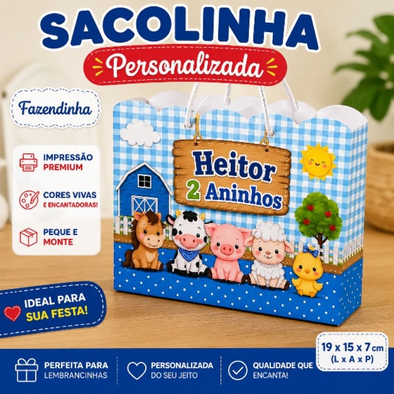 Kit 10,20 ou 30 unidades Sacolinha Personalizada Fazendinha | Lembrancinha Festa Infantil Fazendinha