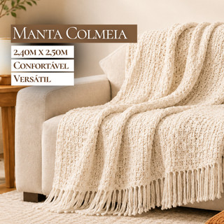 Manta para Sofá Colmeia Luxo 2,40x2,50m 100% Algodão Cama King de Casal Decorativa com Franjas