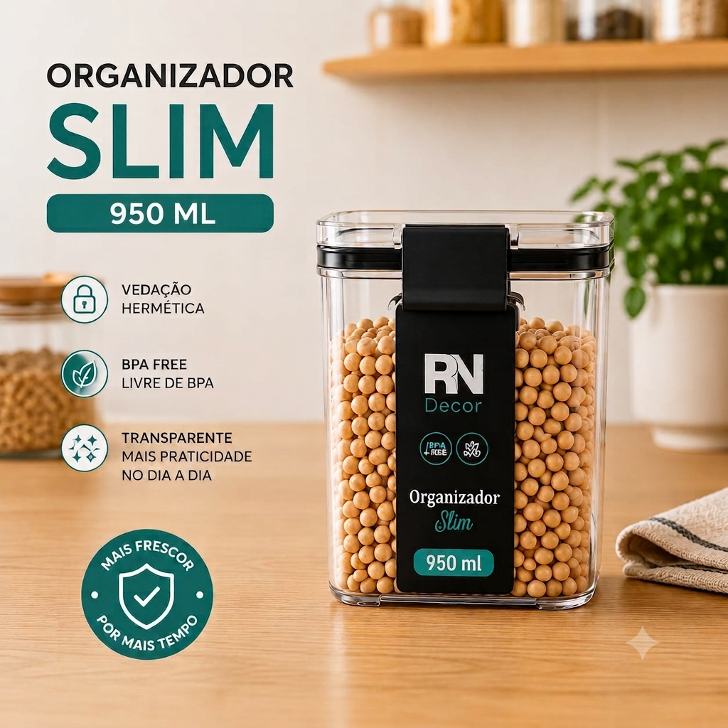 Pote Hermético Slim 950ml Organizador De Mantimentos Cozinha Transparente Livre BPA Vedação Silicone