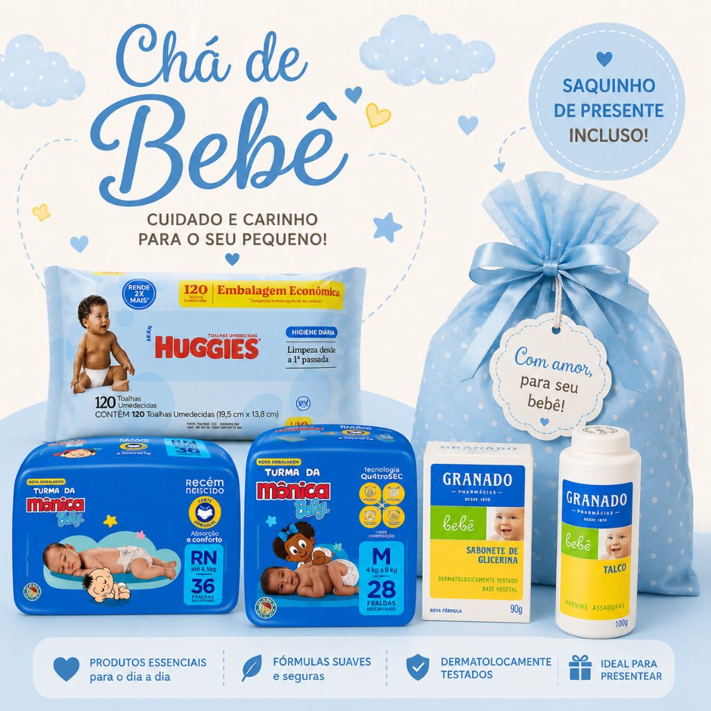 Kit Chá de Bebê completo Fralda + lenço + sabonete barra + talco I incluso saquinho de Presente