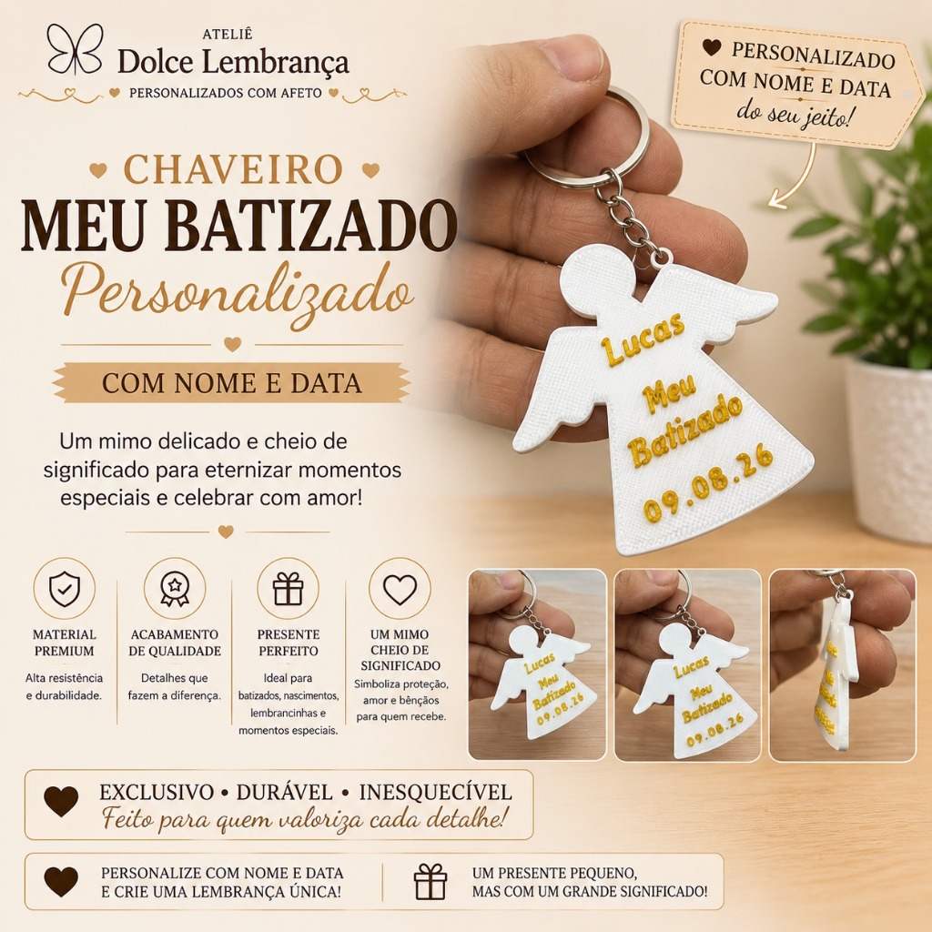 Kit Lembrancinha Batizado Personalizado Chaveiro Anjo Impressão 3D 10 unidades