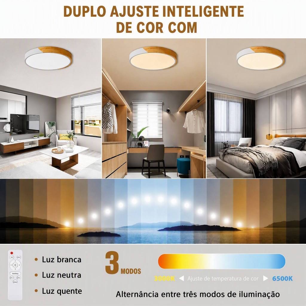 Plafon LED Madeira Redondo 3 Cores em 1 Luminária de Teto Wood Moderno 30CM 50CM Controle Remoto Bivolt — imagem 2 de 2