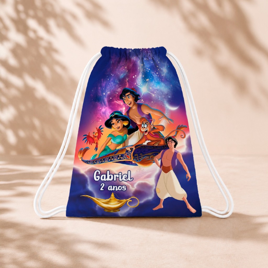 10 Mochila Personalizada 18x26 Sacolinhas Festa Aniversário Lembrancinha Aladdin e Jasmine