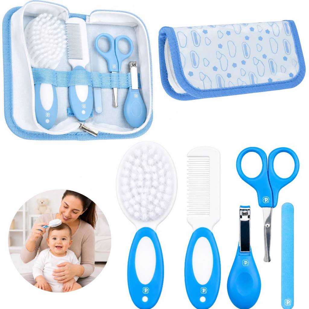 Kit Higiene Bebê 5 Acessórios com Estojo Escova Pente Tesoura Cortador de Unha e Lixa Para Menina e Menino