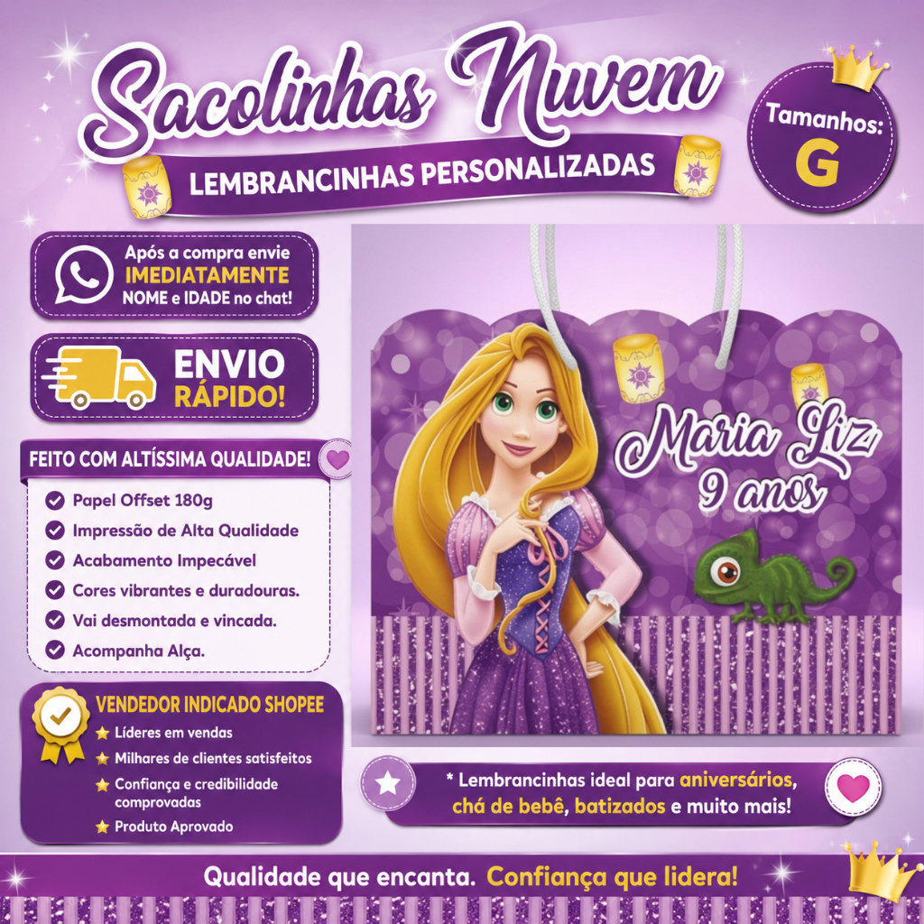 Kit Sacolinhas Rapunzel Enrolados Personalizados Festa Aniversário Lembrancinha  (20x15x5cm)