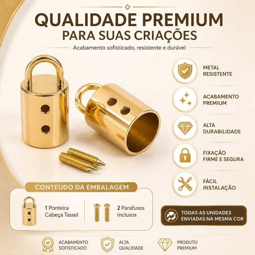 Ponteira Cabeça Tassel Dourada Copinho Alça Bolsa com 2 Parafusos