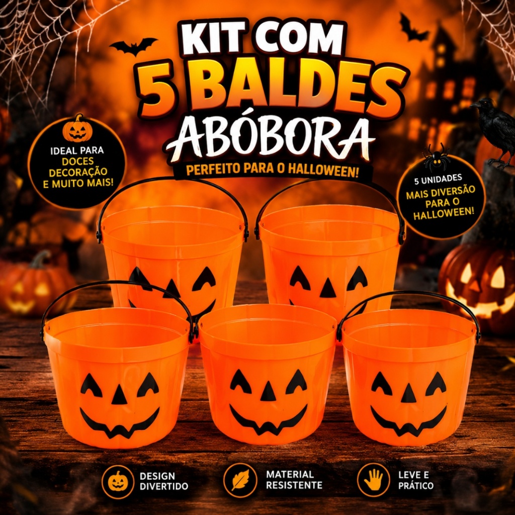 Balde Abóbora Halloween Grande Assustador para Doces e Travessuras Caldeirão Dia das Bruxas Decoração Infantil