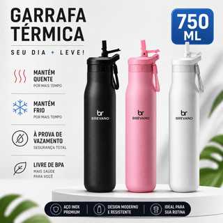 Garrafa Térmica Inox com Canudo 750ml Parede Dupla a Vácuo Mantém Gelado e Quente