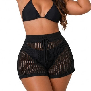 Short Saída de Praia Feminino Plus Size Tricot Vazado Pernas Largas Cintura Elástica 44 ao 52
