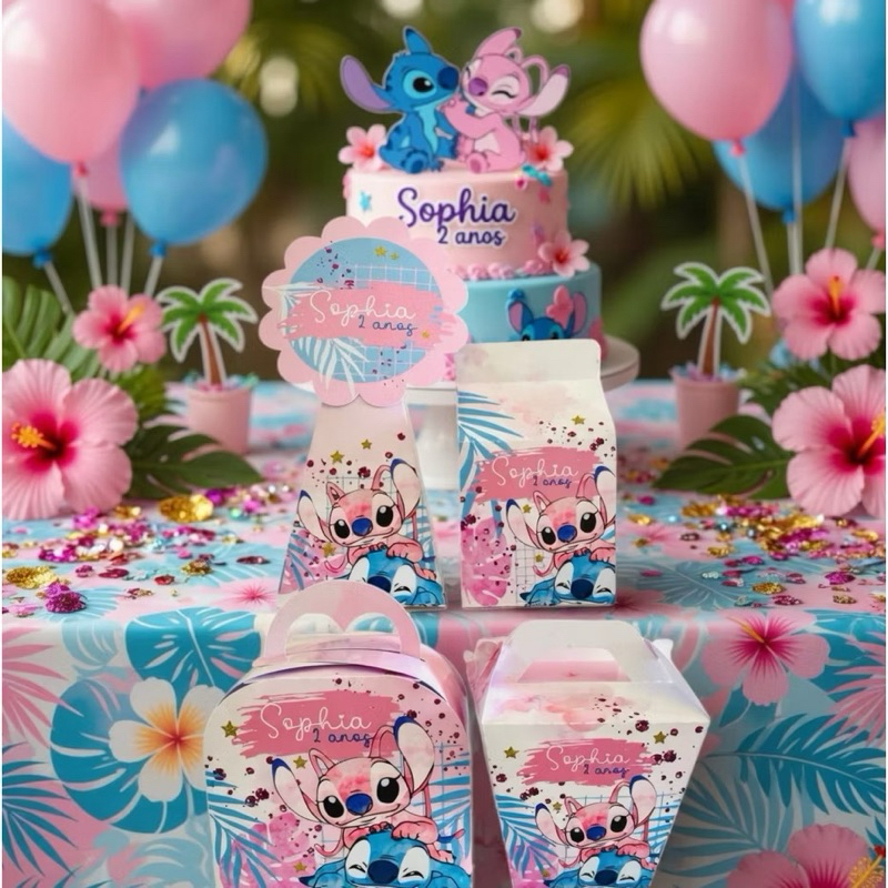 Kit Festa Infantil Caixinhas tema STITCH E ANGEL ROSA E AZUL -  Lembrancinhas Personalizadas aniversário- MONTADA