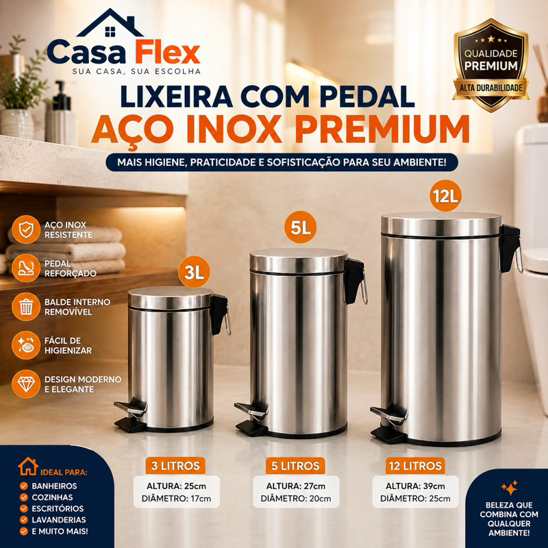 Lixeira Inox com Pedal Balde Removível 3L 5L 12L Banheiro Cozinha Lavanderia Escritório Aço Inoxidável Premium