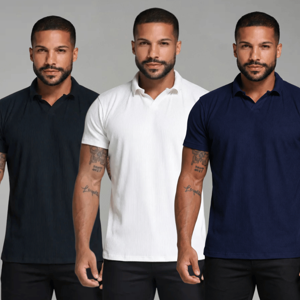 Kit 3 Camiseta Gola Italiana Com Decote Em V Polo Canelada Texturizada