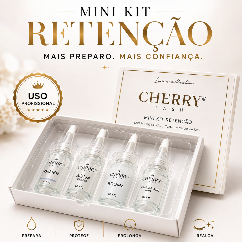 Mini Kit Retenção Cherry Lash Acqua Primer Bruma Finalizador 4x10ml Extensão de Cílios Profissional
