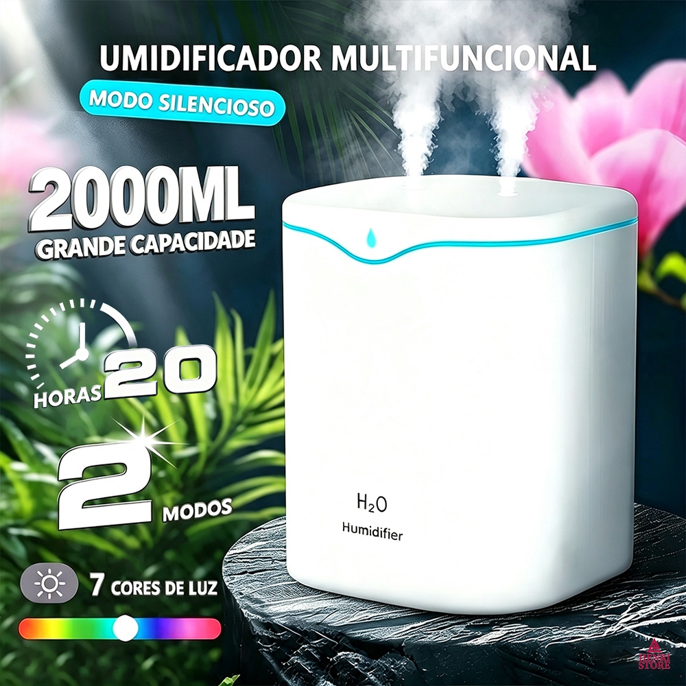 Umidificador Grande 2000ML Saída Dupla Luzes LED's Coloridas Silencioso E Neblinas Controláveis