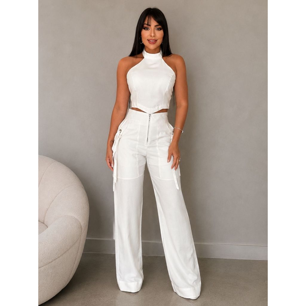 Conjunto Feminino Alfaiataria Cropped e Calça Pantalona Elegante