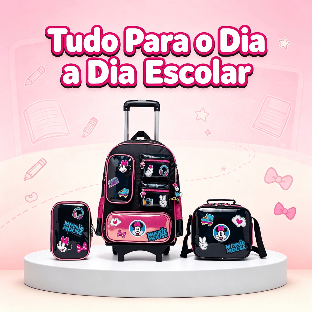 Kit Minnie Mochila Lancheira Estojo Escolar Rodinha Infantil Feminina Disney