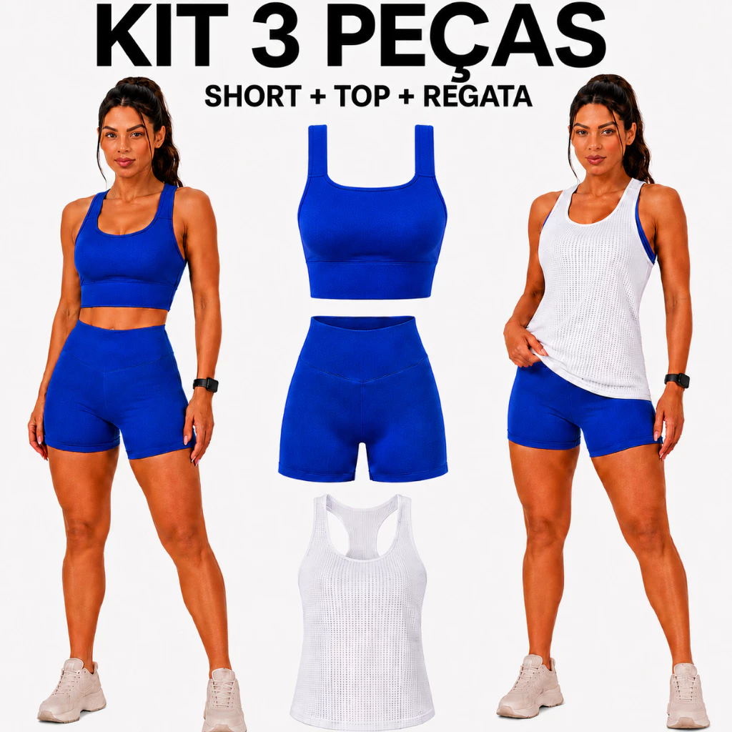 Kit 3 Peças Fitness Feminino Short Top E Regata Academia Treino Musculação Confortável — imagem 1