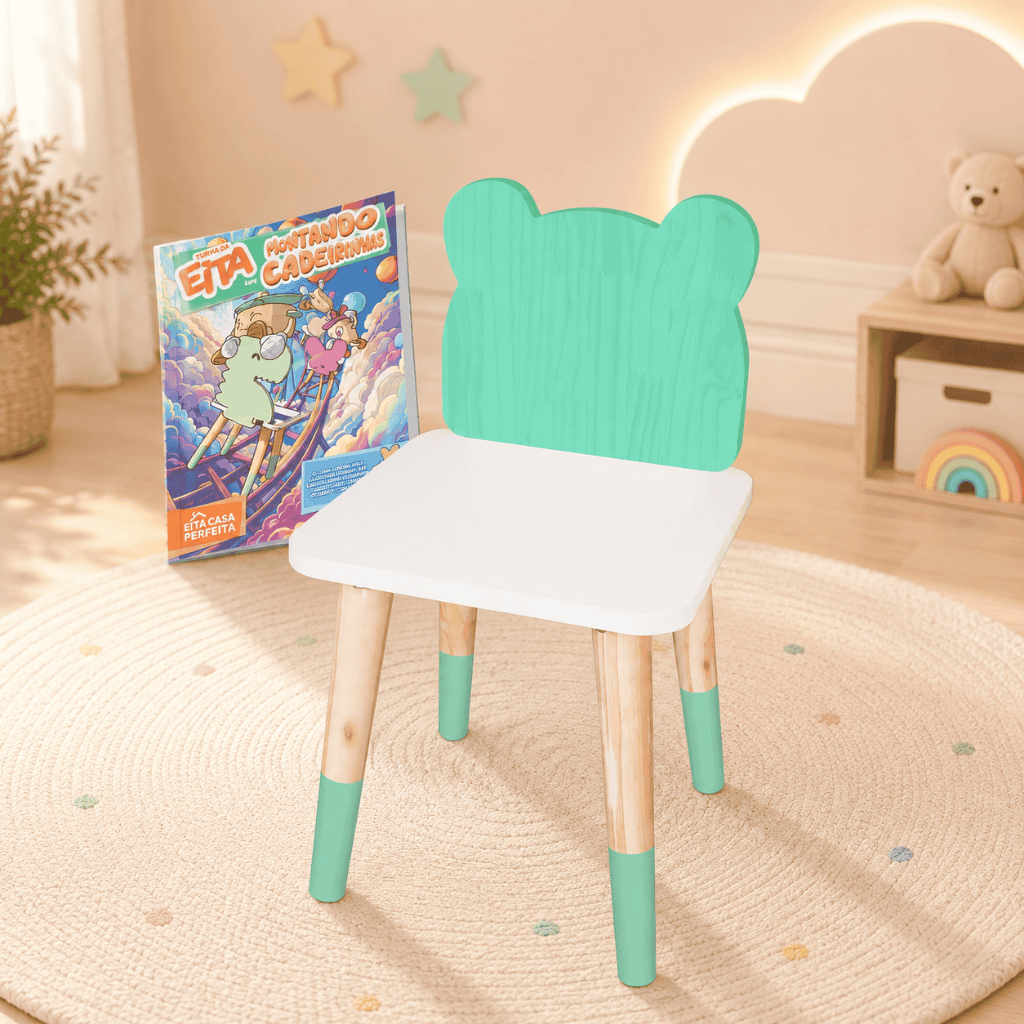 Cadeira Infantil Madeira Urso Grande A partir de 7 Anos Mobiliário Quarto Lúdico Brinquedo Criança Kit Livro Educativo