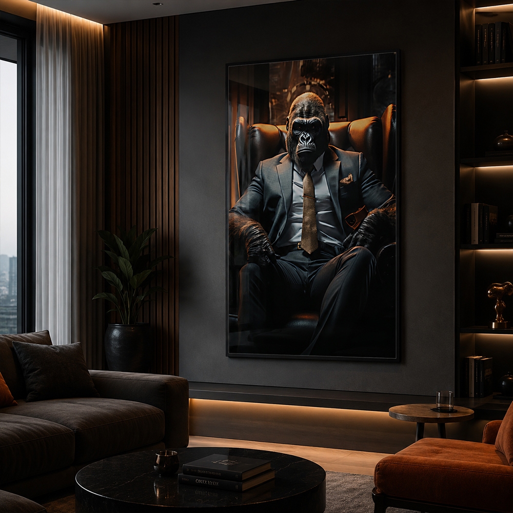 Quadro Decorativo Gorila Executivo com Moldura Parede Escritório