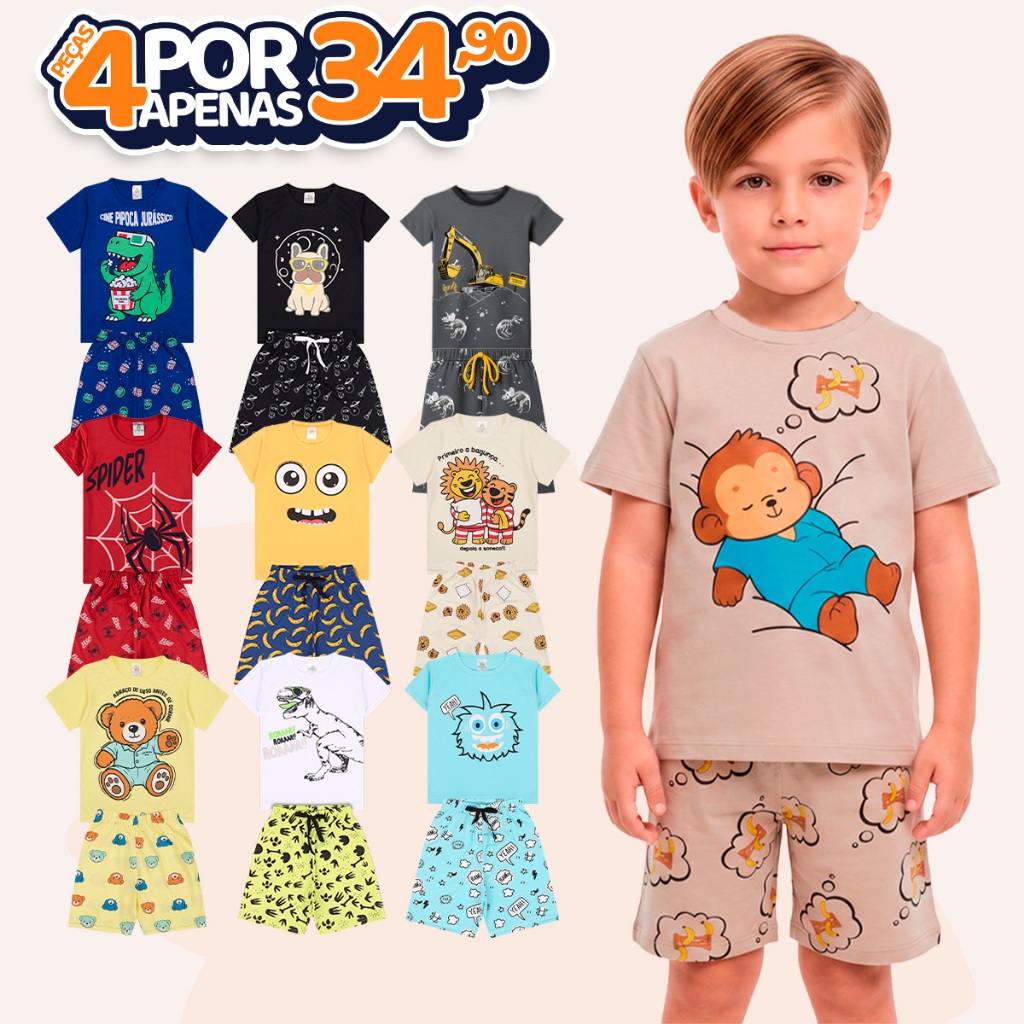Kit Sortido 4 Peças Pijama Infantil Menino Manga Curta 1 Ao 10 - 2 Conjuntos Pij