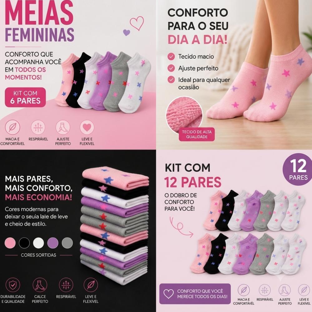 Kit-6/12 pares de-meias-femininas-soquete-meia-cano-curto