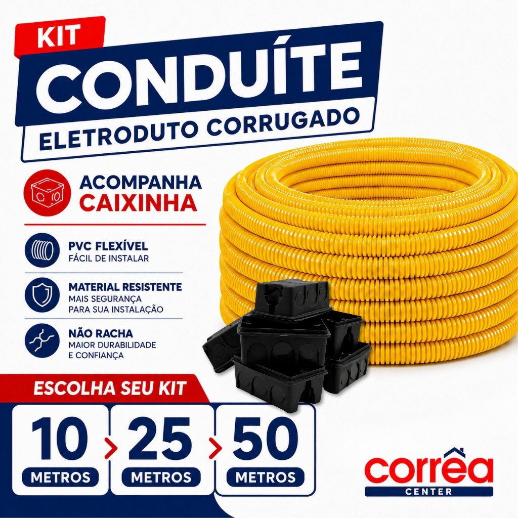 Conduite Eletroduto Corrugado 3/4 Amarelo 10 25 50 Metros Caixinha 4x2 Preta PVC Flexível Reforçado