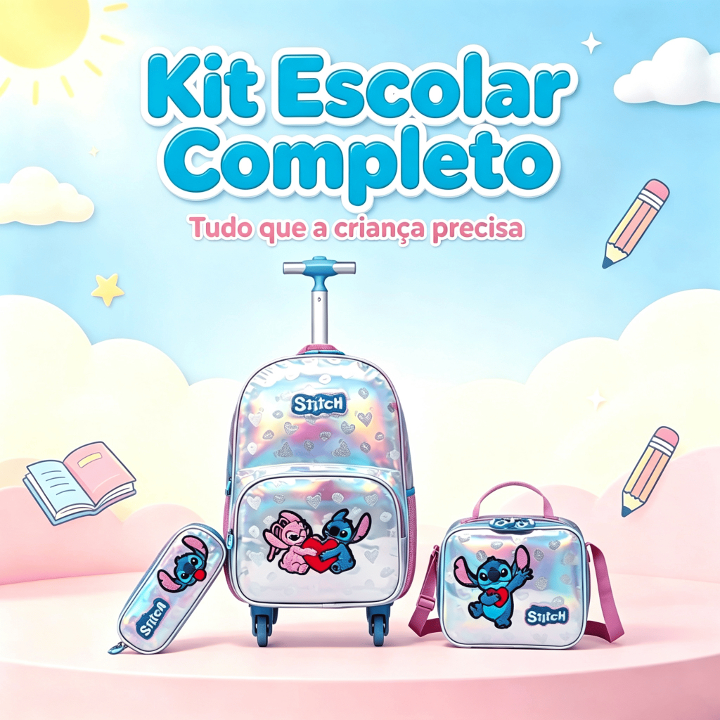 Kit Mochila Rodinhas Stitch Disney Escolar Feminina Lancheira Estojo