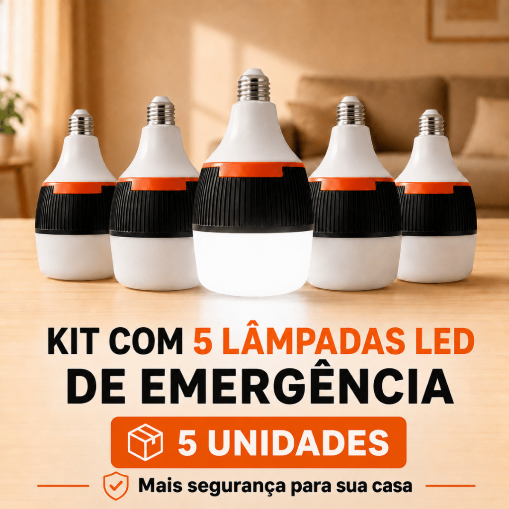 Kit 5 Lâmpada LED Recarregável 50W E27 3 Modos Até 6h de Emergência Camping Casa