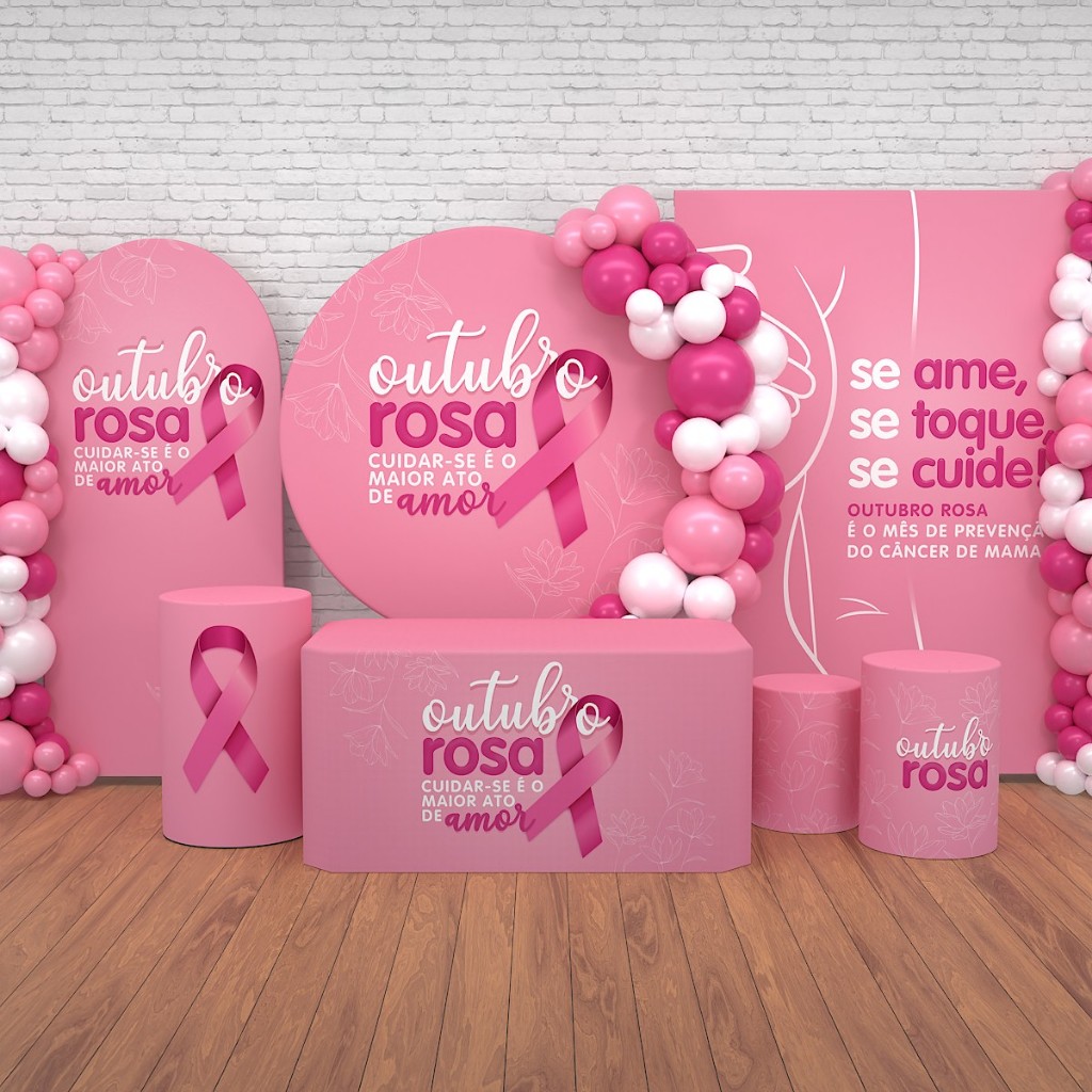 Decoração Outubro Rosa: Capas e Painel Outubro Rosa Sublimado Veste Fácil Em Tec