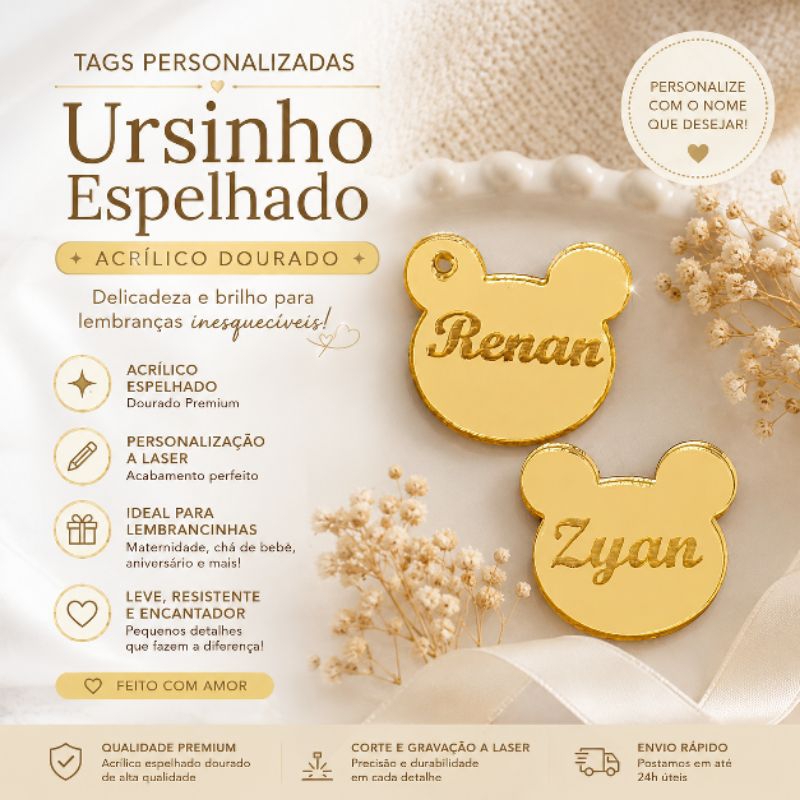 Tags de urso 2,3mm acrílico dourado espelhado personalizado para chaveiro artesanato lembrancinha